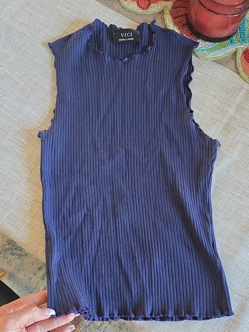 VICI Navy Ribbed Sleeveless Mock Neck Tank